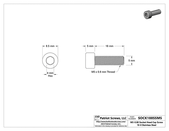 M5-0.80 x 16 mm 18-8 Stainless Steel Socket Head Cap Screw