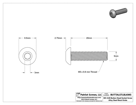 M5-0.80 x 20 mm Alloy Steel Black Oxide Button Head Socket Cap Screw
