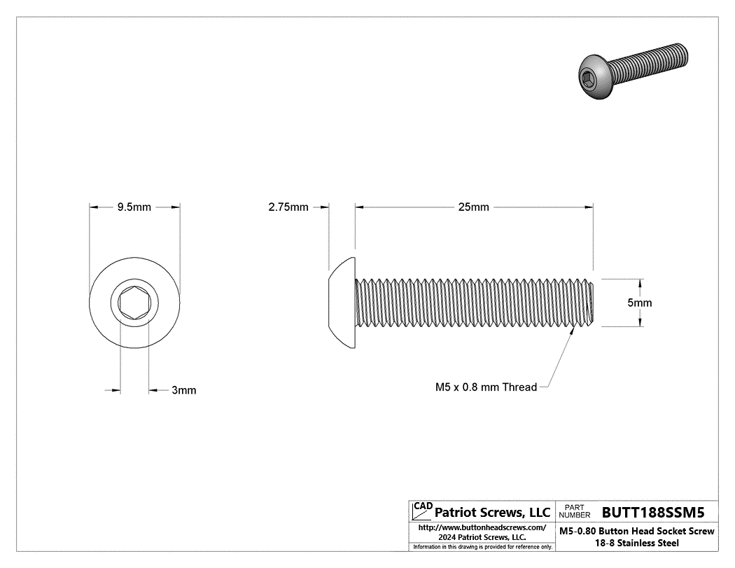 M5-0.80 x 25 mm 18-8 Stainless Steel Button Head Socket Cap Screw