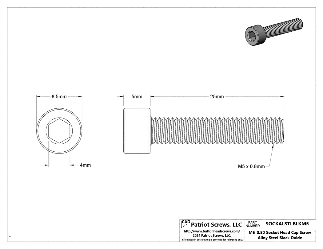 M5-0.80 x 25 mm Alloy Steel Black Oxide Socket Head Cap Screw
