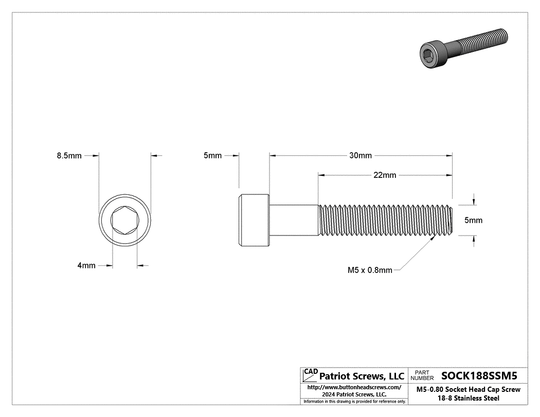 M5-0.80 x 30 mm 18-8 Stainless Steel Socket Head Cap Screw