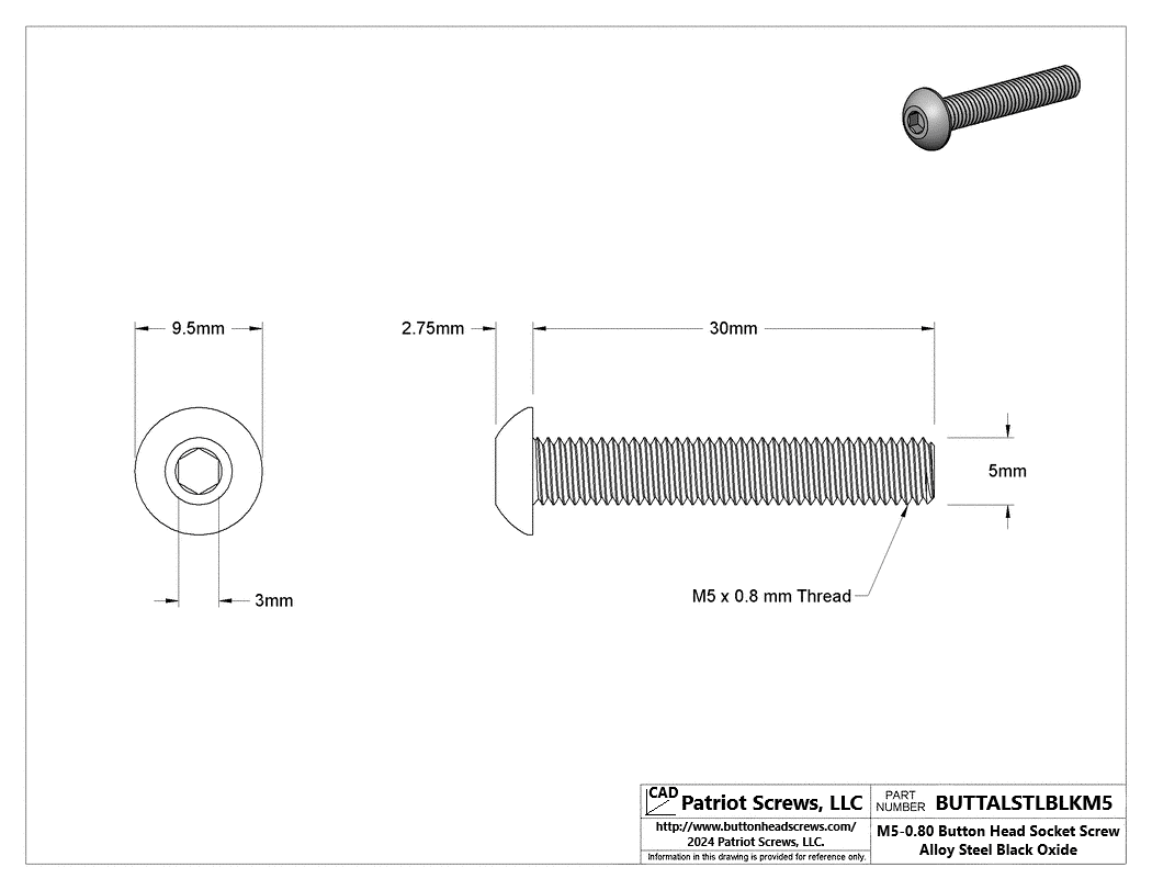 M5-0.80 x 30 mm Alloy Steel Black Oxide Button Head Socket Cap Screw