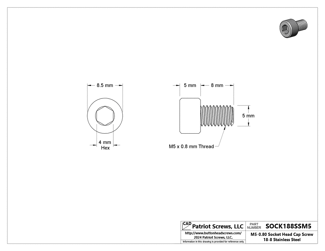 M5-0.80 x 8 mm 18-8 Stainless Steel Socket Head Cap Screw