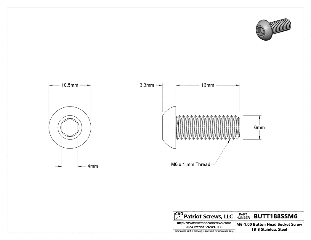 M6-1.00 x 16 mm 18-8 Stainless Steel Button Head Socket Cap Screw