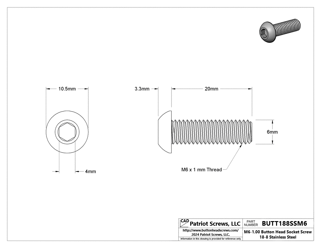 M6-1.00 x 20 mm 18-8 Stainless Steel Button Head Socket Cap Screw