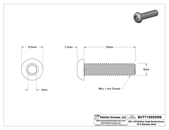 M6-1.00 x 25 mm 18-8 Stainless Steel Button Head Socket Cap Screw