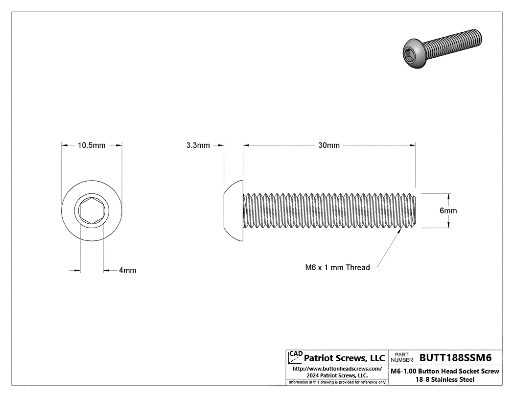 M6-1.00 x 30 mm 18-8 Stainless Steel Button Head Socket Cap Screw