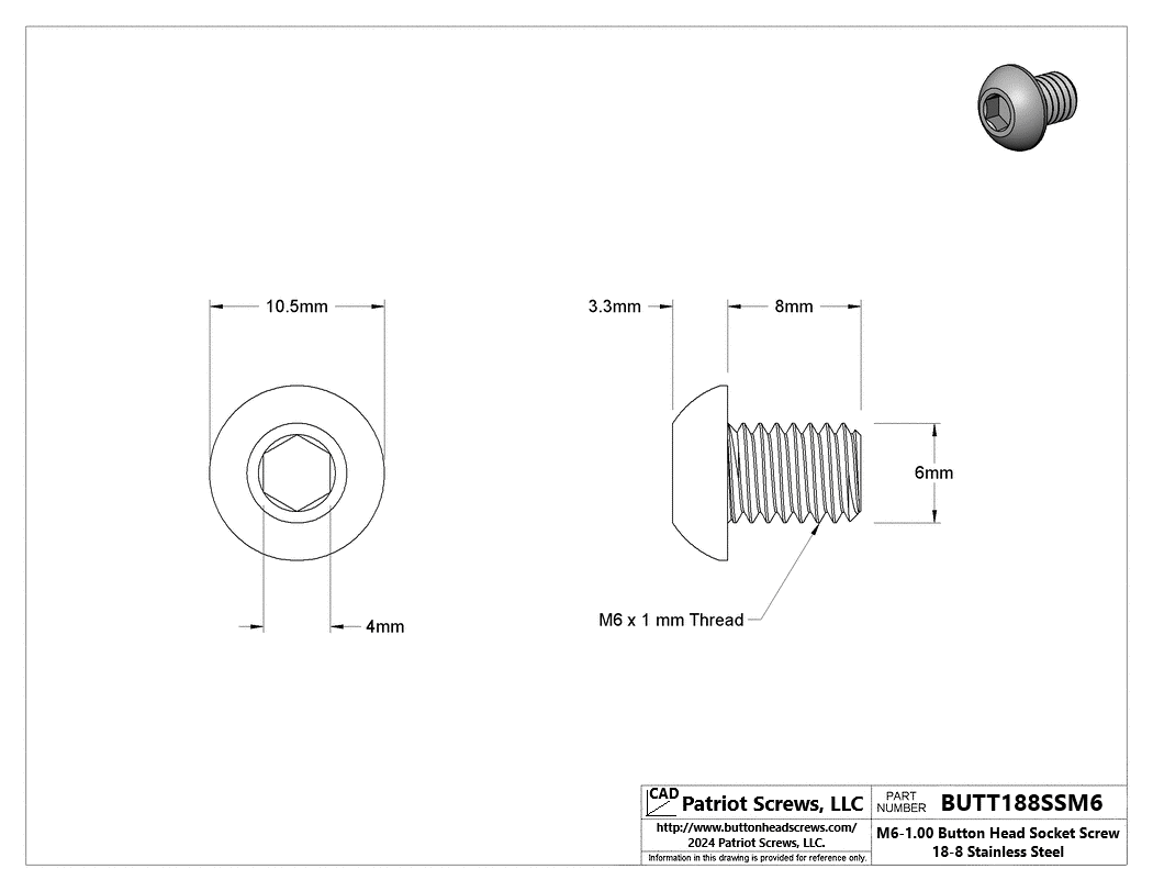 M6-1.00 x 8 mm 18-8 Stainless Steel Button Head Socket Cap Screw